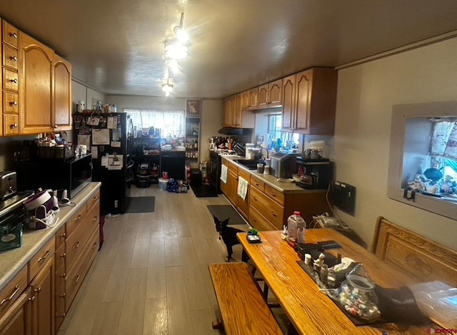 kitchen with light hardwood / wood-style floors and black fridge