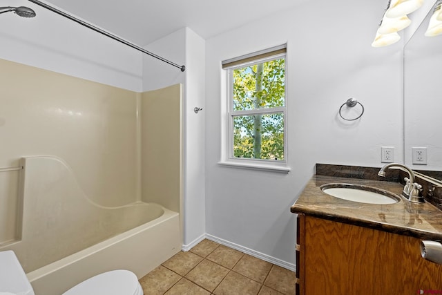 full bathroom with vanity, toilet, shower / bath combination, and tile patterned floors