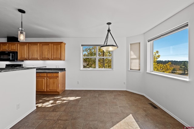 kitchen featuring black appliances and hanging light fixtures