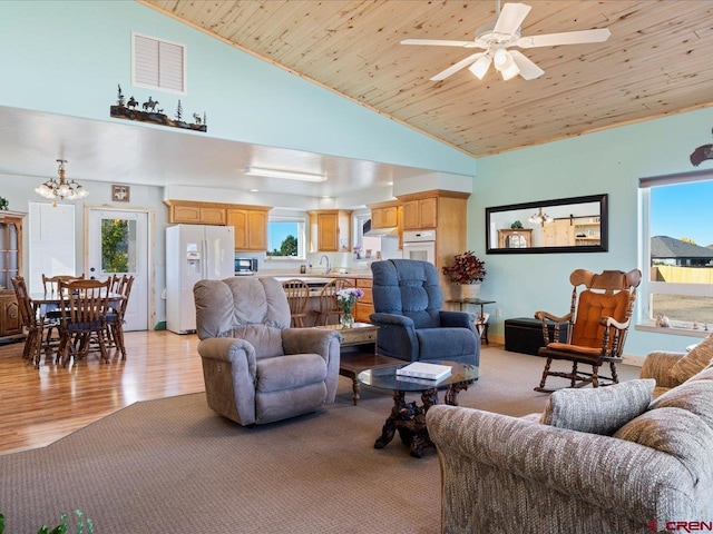 living room featuring sink, high vaulted ceiling, light hardwood / wood-style floors, and wooden ceiling