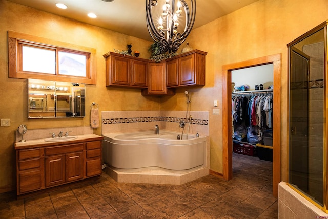 bathroom with vanity and plus walk in shower