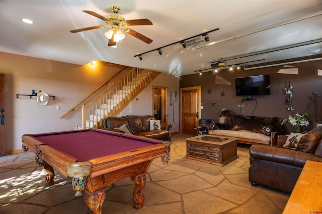 game room featuring pool table and ceiling fan