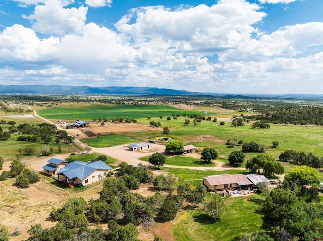 drone / aerial view with a mountain view and a rural view