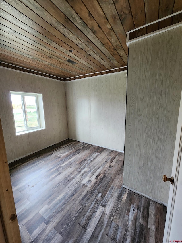 empty room with wood ceiling, hardwood / wood-style floors, and wood walls