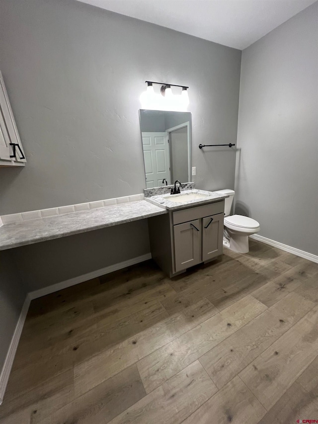 bathroom with vanity, wood-type flooring, and toilet