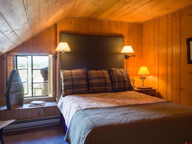 carpeted bedroom with vaulted ceiling, a baseboard heating unit, wood ceiling, and wood walls