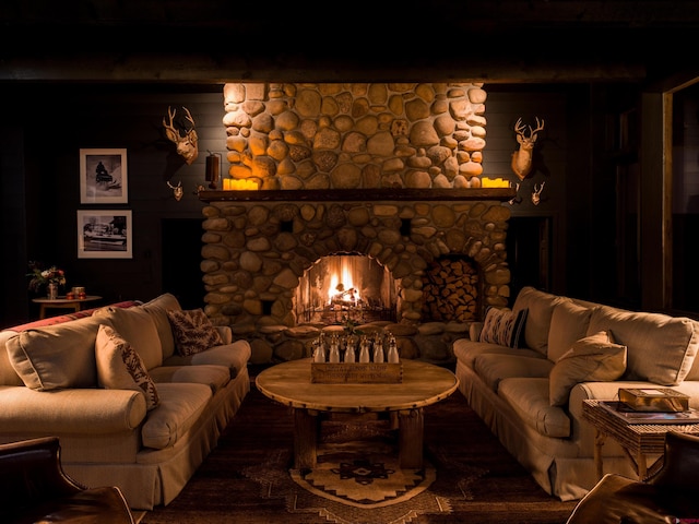 living room with a fireplace