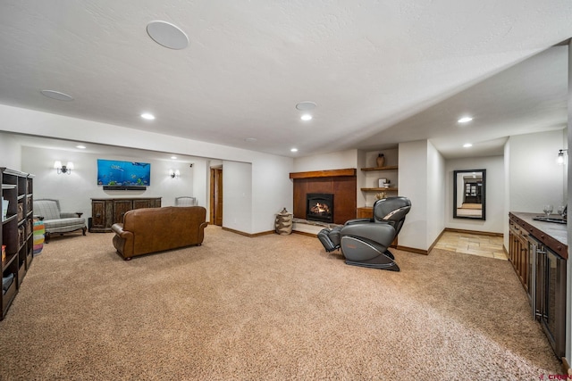 living room with sink and light carpet