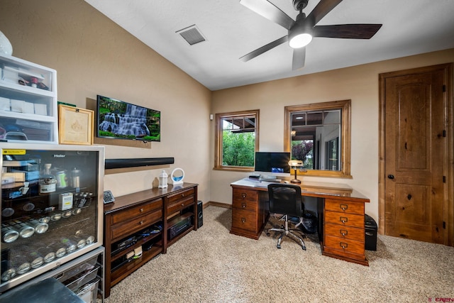 office with carpet floors, ceiling fan, and baseboards
