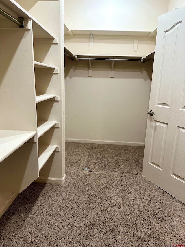 spacious closet featuring dark carpet