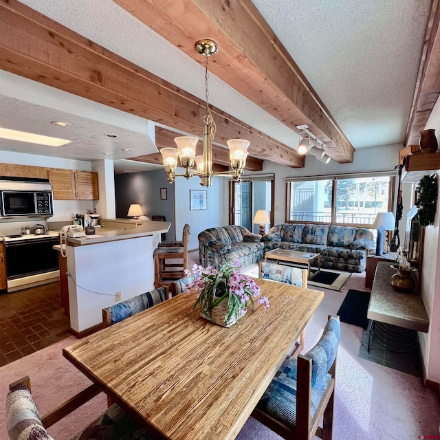 dining room with beamed ceiling, a notable chandelier, and a textured ceiling