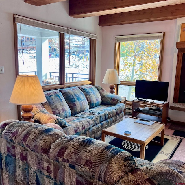 living room with beamed ceiling and hardwood / wood-style flooring