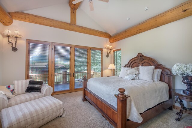 bedroom with light carpet, beam ceiling, access to exterior, and ceiling fan