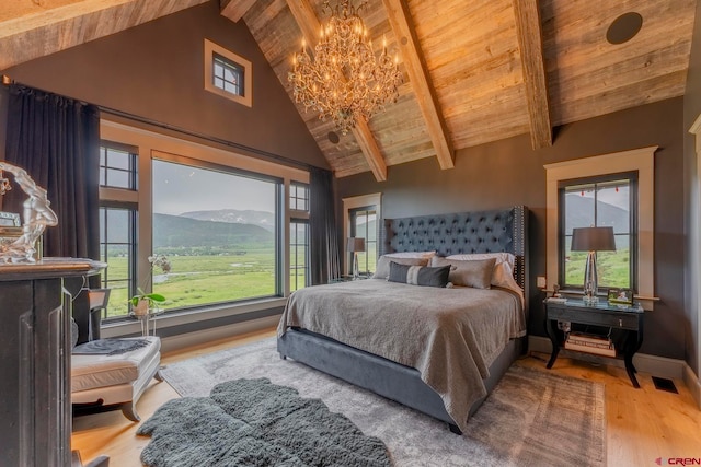 bedroom featuring wood ceiling, a mountain view, beamed ceiling, and wood-type flooring