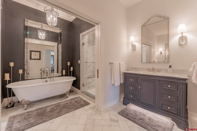 bathroom with vanity, ornamental molding, and shower with separate bathtub