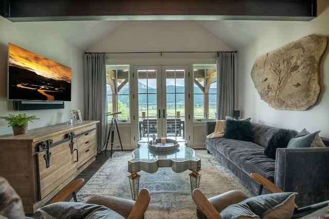 living room featuring lofted ceiling, french doors, and hardwood / wood-style flooring