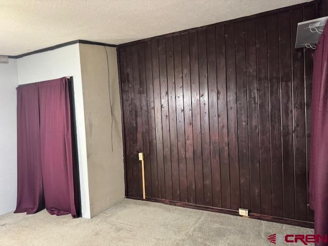 carpeted empty room with wood walls, crown molding, and a textured ceiling