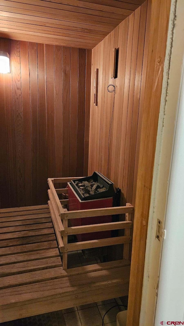 view of sauna / steam room with tile patterned floors