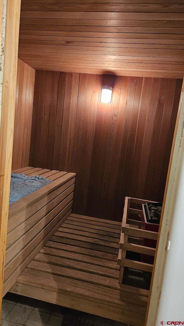 view of sauna / steam room with tile patterned floors