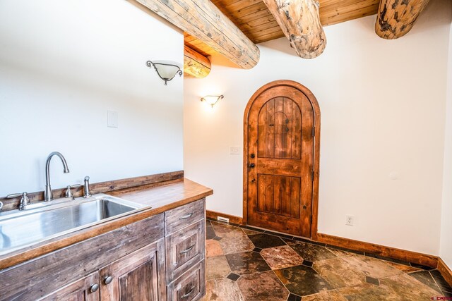 kitchen featuring wooden ceiling, sink, and beamed ceiling