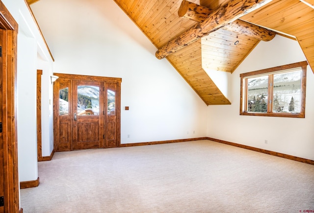 bonus room featuring lofted ceiling with beams, light colored carpet, and wooden ceiling