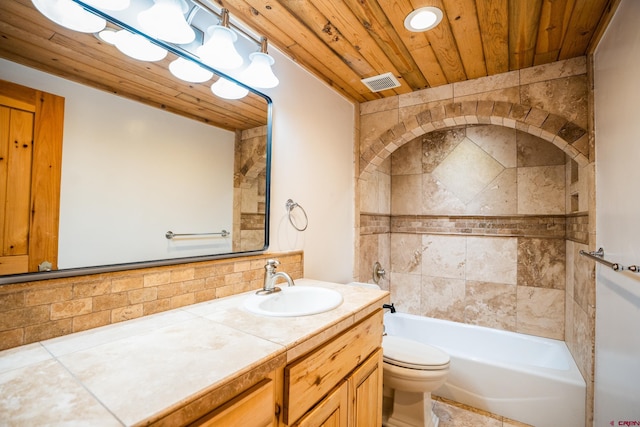 full bathroom with tasteful backsplash, toilet, wooden ceiling, vanity, and tiled shower / bath combo