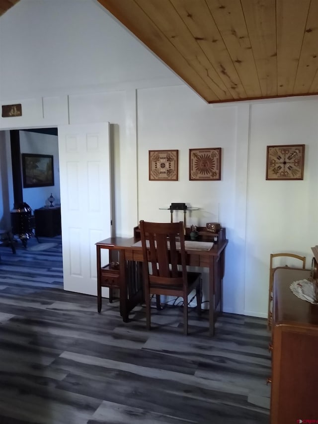 dining area with wood ceiling and dark hardwood / wood-style floors