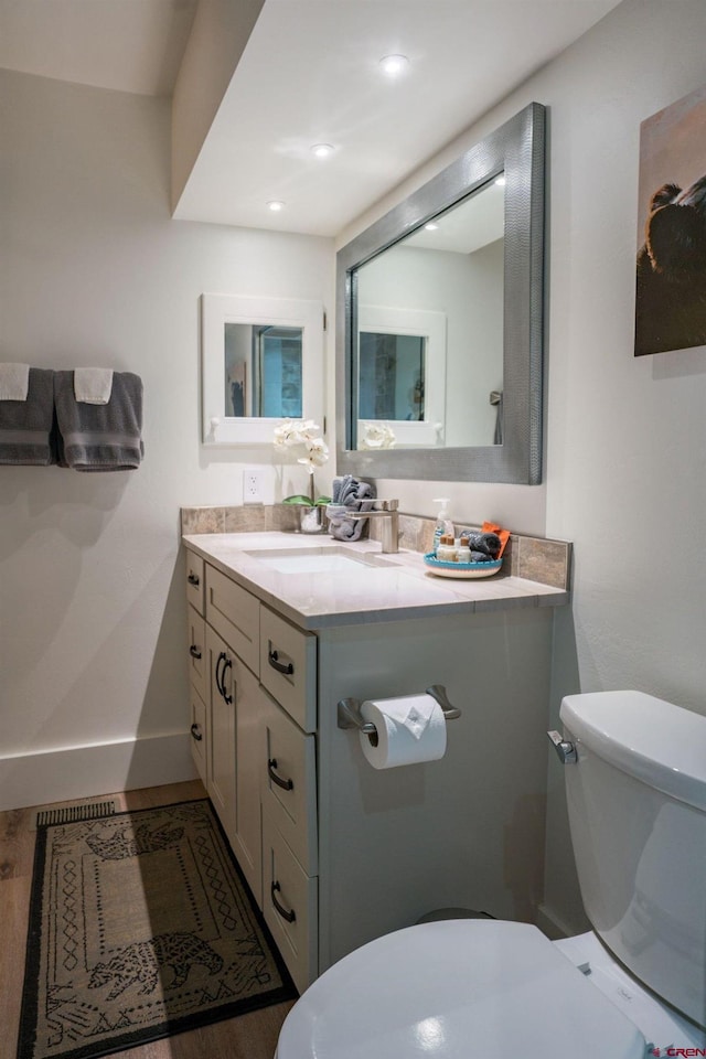 bathroom featuring vanity, toilet, and wood-type flooring