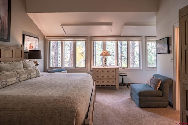 carpeted bedroom featuring vaulted ceiling