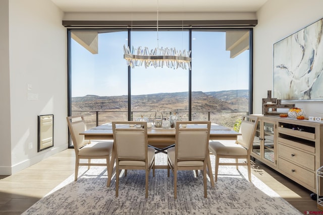 dining space with a wealth of natural light, a mountain view, and light hardwood / wood-style floors