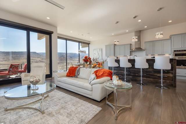 living room featuring dark wood-type flooring and a mountain view