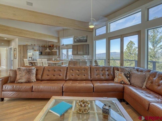 living room with hardwood / wood-style flooring, beamed ceiling, a wealth of natural light, and a mountain view