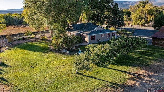 birds eye view of property featuring a mountain view