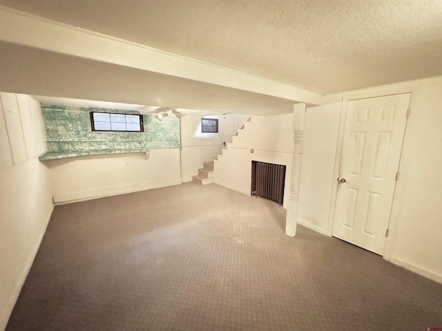 basement featuring carpet and radiator heating unit