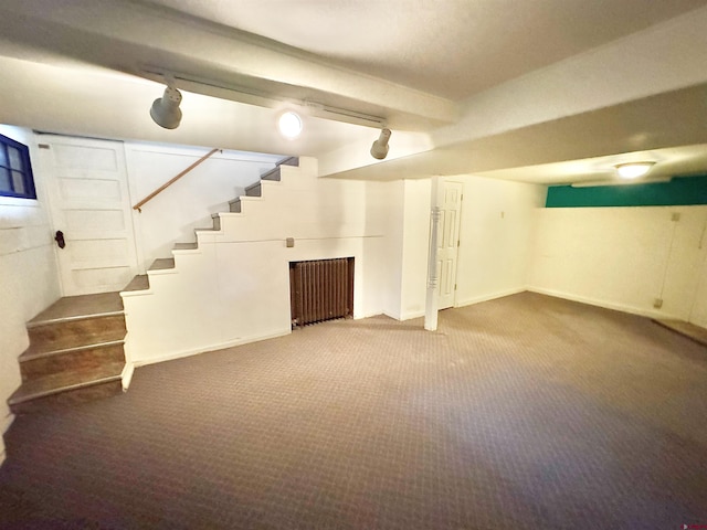 basement with carpet and radiator heating unit