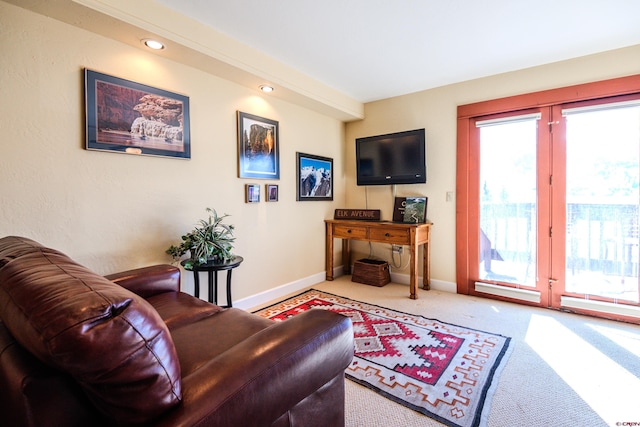 living room featuring light carpet