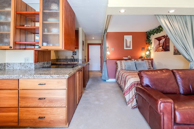 350 Country Club Dr Unit 116A, Crested Butte, CO 81224 - kitchen featuring light carpet, light stone countertops, recessed lighting, glass insert cabinets, and a sink