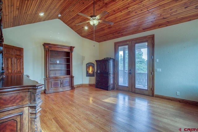 living room with french doors, light hardwood / wood-style floors, lofted ceiling, wooden ceiling, and ceiling fan