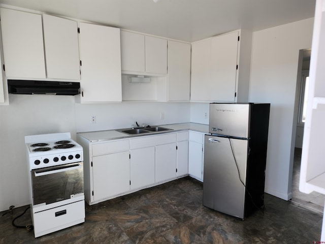 kitchen featuring white range with electric stovetop, white cabinetry, sink, and stainless steel fridge