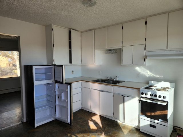 kitchen featuring a textured ceiling, sink, white gas range, and white cabinets