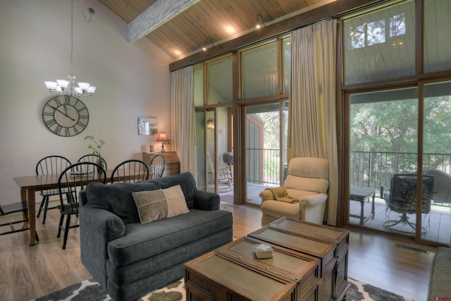 living room with high vaulted ceiling, wooden ceiling, light hardwood / wood-style floors, and beam ceiling