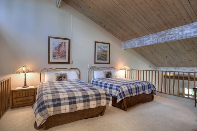 bedroom with wooden ceiling, high vaulted ceiling, beam ceiling, and carpet floors