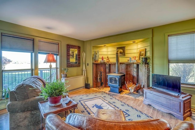 living room featuring hardwood / wood-style flooring and a wood stove