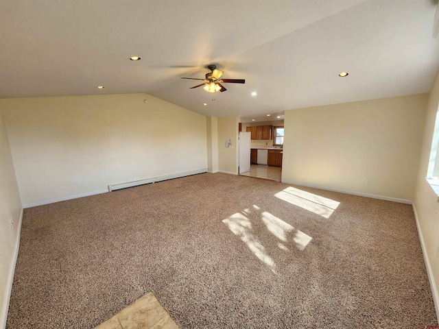 unfurnished living room featuring carpet floors, vaulted ceiling, ceiling fan, and a baseboard radiator