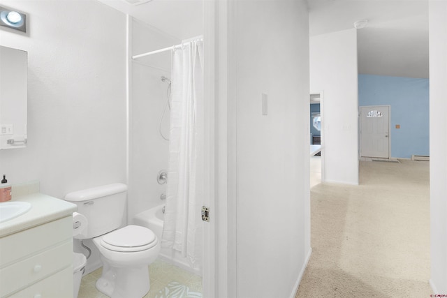 full bathroom with baseboard heating, vanity, shower / bathtub combination with curtain, and toilet