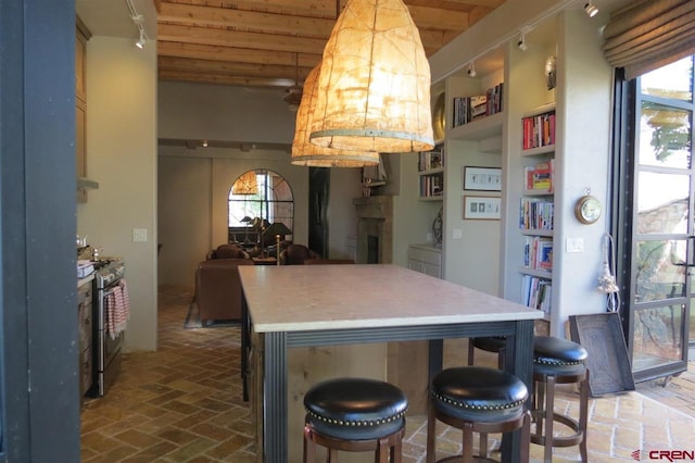 kitchen featuring beam ceiling, stainless steel range, a healthy amount of sunlight, and wooden ceiling