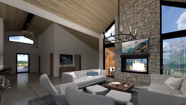 77 Coyote Ridge Rd, Crested Butte, CO 81224 - living area with wood ceiling, high vaulted ceiling, beam ceiling, and a fireplace