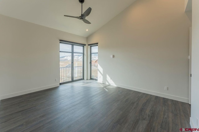 77 Coyote Ridge Rd, Crested Butte, CO 81224 - unfurnished room featuring baseboards, ceiling fan, high vaulted ceiling, and dark wood-type flooring