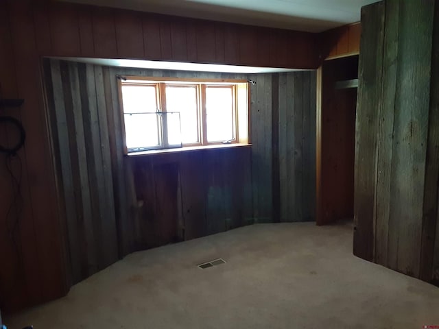 carpeted spare room featuring wooden walls