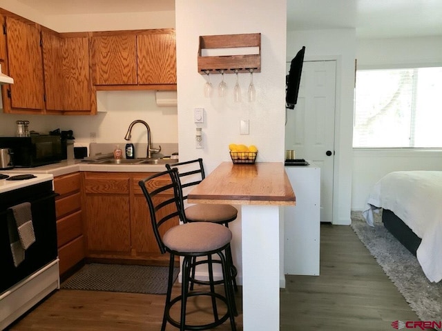 kitchen with a kitchen breakfast bar, sink, white electric range oven, and dark hardwood / wood-style floors